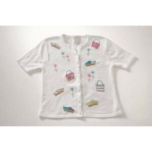 Vintage Embroidered Beach Cardigan Sweater summer resortcore cottage 90's -S
